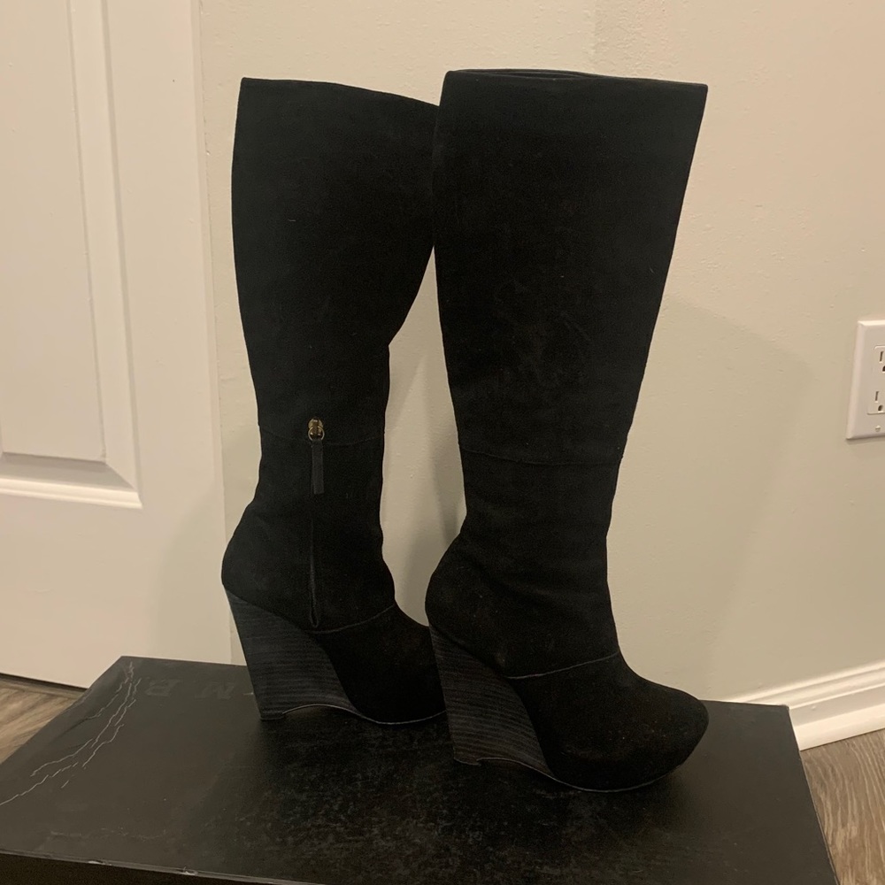 L.A.M.B. Poppy Black Suede Wedge Boots